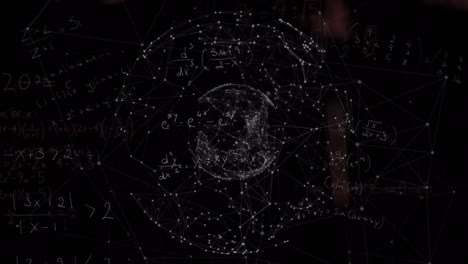 Animation-of-globe-of-network-of-connections-and-mathematical-equations-against-black-background