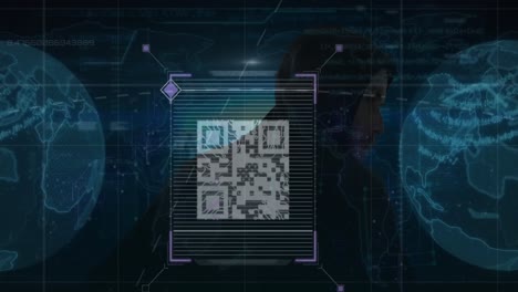 Animation-of-qr-code-with-globes-and-data-processing-over-caucasian-hacker