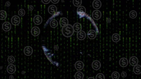 Animation-of-dollar-symbol-over-globe-and-data-processing-on-black-background