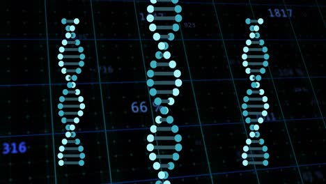 Animation-Von-Zahlen-Und-Datenverarbeitung-Und-Sich-Drehenden-DNA-Strängen