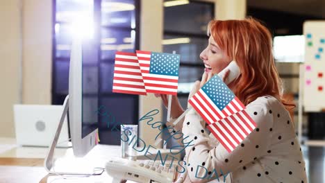 Animation-of-happy-presidents-day-text-over-caucasian-businesswoman-on-phone-in-office