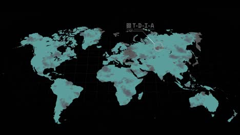 Digital-animation-of-data-processing-over-world-map-against-black-background