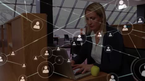 Animation-of-network-of-connections-over-caucasian-women-using-laptop