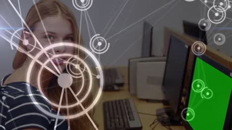 Animation-of-network-of-connections-over-caucasian-woman-using-computer-with-copy-space