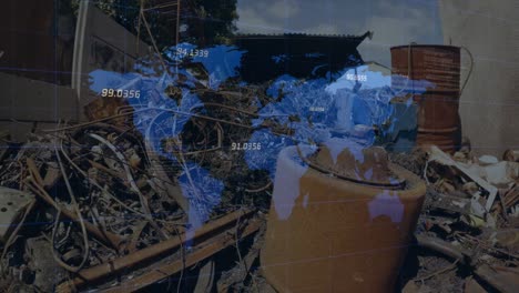 Animation-of-numbers-floating-over-world-map-against-scrap-at-junkyard