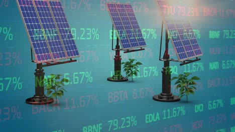 Animation-of-financial-data-processing-over-solar-panels-and-plants