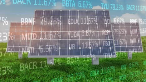 Animation-of-financial-data-processing-over-solar-panels-and-landscape