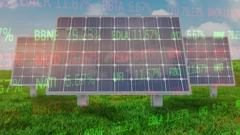 Animation-of-financial-data-processing-over-solar-panels-and-landscape