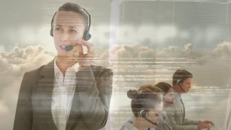 Animation-of-data-processing-over-business-people-using-phone-headset
