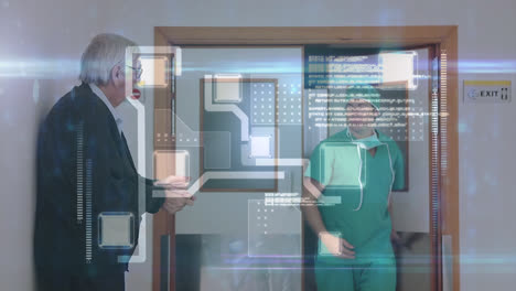 Animation-of-network-connections-over-caucasian-male-doctor-with-patient