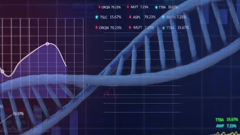 Animation-of-data-processing-over-dna-strand-over-dark-background