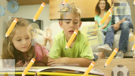 Animation-of-pencils-and-school-icons-over-caucasian-children-reading-book