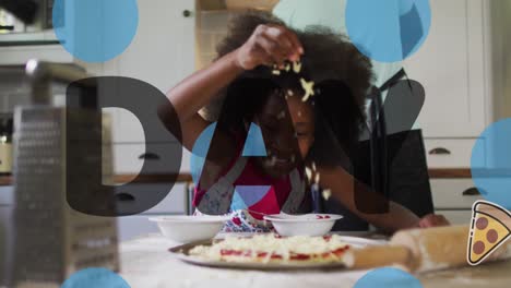 Animation-Von-Pizzastücken-Und-Pizzatag-über-Einem-Afroamerikanischen-Mädchen,-Das-Pizza-Isst