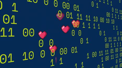 Animation-of-data-processing-and-hearts-on-dark-background