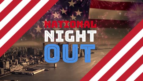 Animation-of-national-night-out-text-over-flag-of-usa-and-cityscape