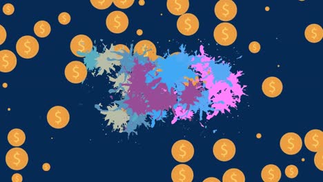 Animation-of-falling-dollar-signs-over-blots-on-dark-background