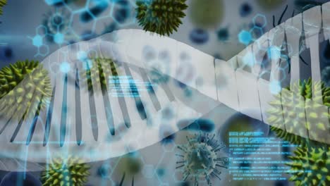 Animation-Von-DNA-Strang-Und-Viruszellen-Auf-Weißem-Hintergrund