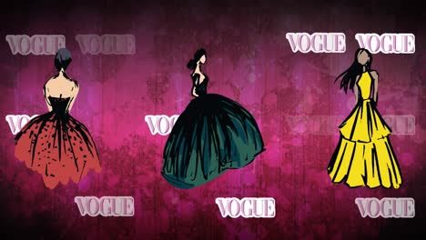 Animation-of-vogue-text-over-models-on-purple-background
