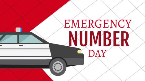Animation-of-emergency-number-day-text-with-police-car-icon-on-white-background