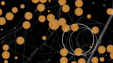 Animation-of-network-of-connections-and-coins-over-dark-background