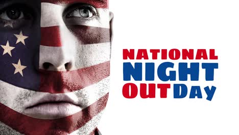 Animation-Des-National-Night-Out-Day-Textes-über-Einem-Kaukasischen-Mann-Mit-Bemaltem-Gesicht-In-Der-Flagge-Der-USA