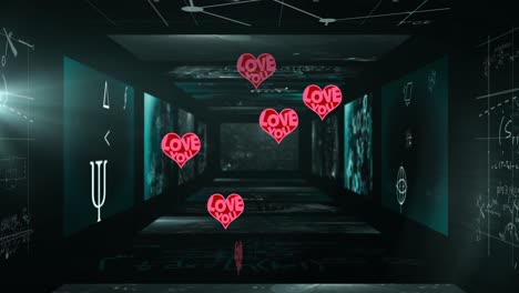 Animation-Von-Herzsymbolen-über-Mathematischen-Gleichungen-Auf-Bildschirmen-Auf-Schwarzem-Hintergrund