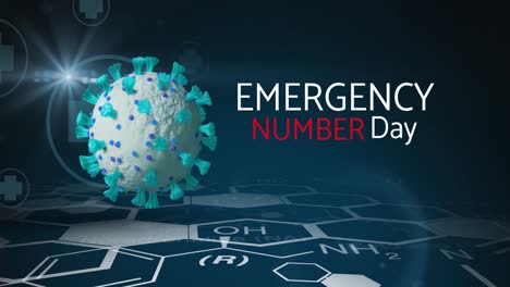 Animation-of-emergency-number-day-text-with-virus-cell-on-black-background