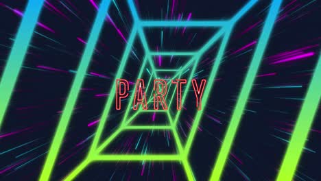 Animation-of-party-text-over-green-neon-lines-and-light-trails-on-black-background