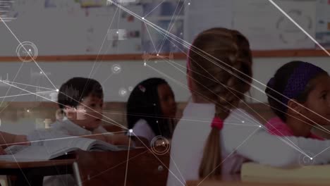 Animation-of-network-of-connections-over-diverse-pupils-with-female-teacher