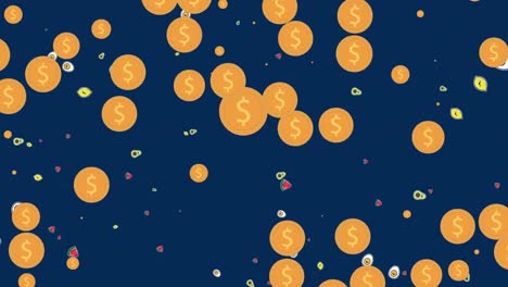 Animation-of-falling-coins-and-food-on-dark-background