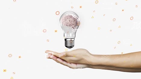 Animation-of-hand-with-light-bulb-and-data-processing-over-white-background