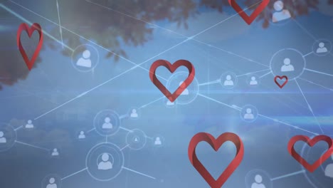 Animation-of-heart-icons-and-network-of-connections-over-tree