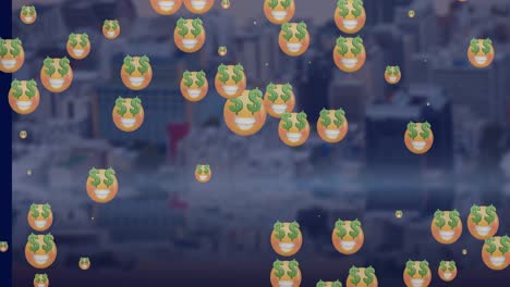 Animation-of-emoji-icons-flickering-over-cityscape
