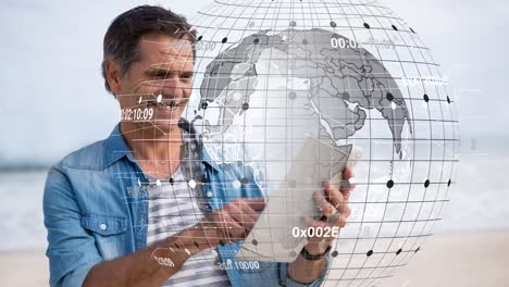 Multiple-changing-numbers-over-spinning-globe-against-caucasian-senior-man-using-digital-tablet