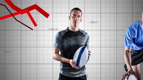 Portrait-of-caucasian-male-rugby-player-over-statistical-data-processing-against-grey-background