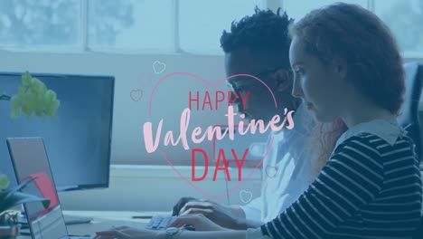 Animation-of-happy-valentines-day-text-over-diverse-business-people-in-office