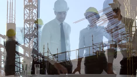 Animation-of-diverse-female-and-male-engineers-over-timelapse-with-building-site