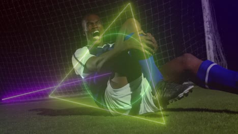 Animation-of-neon-shapes-over-african-american-male-soccer-player
