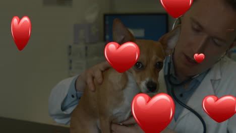Animation-Von-Herzen-über-Einem-Kaukasischen-Männlichen-Tierarzt-Mit-Hund