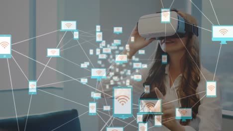 Animation-of-network-of-connections-over-caucasian-businesswoman-using-vr-headset