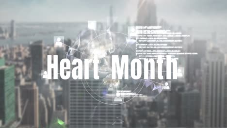 Animation-Der-Text--Und-Datenverarbeitung-Des-Herzmonats-über-Dem-Stadtbild