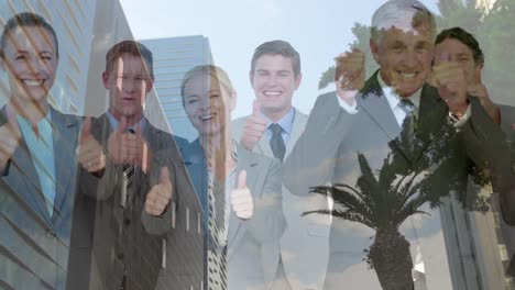Animation-of-cityscape-over-caucasian-business-people-smiling