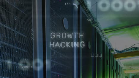 Animation-of-growth-hacking-text-and-data-processing-over-server-room