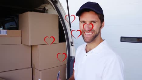 Animation-of-heart-icons-over-caucasian-male-deliverer-smiling