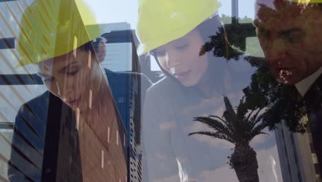 Animation-of-diverse-architects-in-yellow-helmets-over-cityscape
