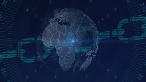 Blauer-Lichtfleck-Und-Datenverarbeitung-über-Rotierendem-Globus-Und-Sicherheitskette-Auf-Blauem-Hintergrund