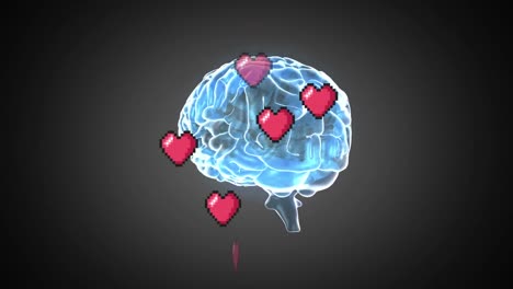 Animation-hearts-icons-falling-over-brain-model-on-black-background