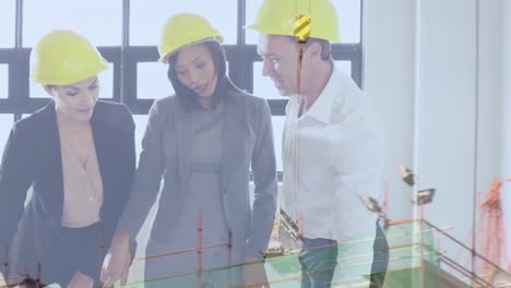Animation-of-diverse-female-and-male-engineers-over-building-site