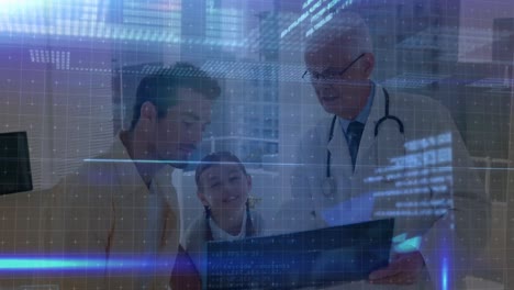 Data-processing-over-caucasian-senior-male-doctor-discussing-x-ray-reports-with-man-and-his-daughter