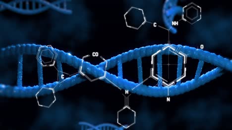 Animation-Von-DNA,-Die-Sich-über-Chemische-Formeln-Auf-Schwarzem-Hintergrund-Dreht